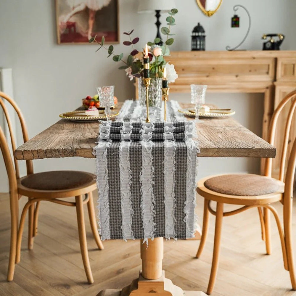Striped Table Runner | Black and White Frayed Fabric