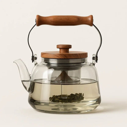 Glass Teapot with Infuser and Wooden Handle