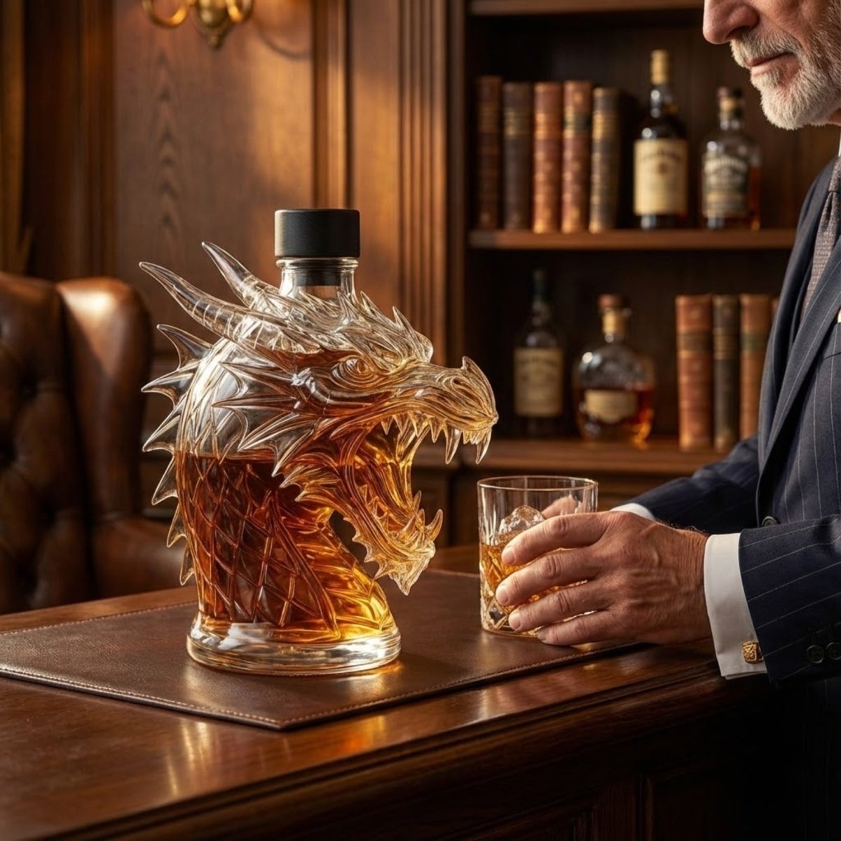A close-up of the Kouvr Dragon Edition whiskey decanter bottle filled with bourbon, sitting next to a man in a business suit.