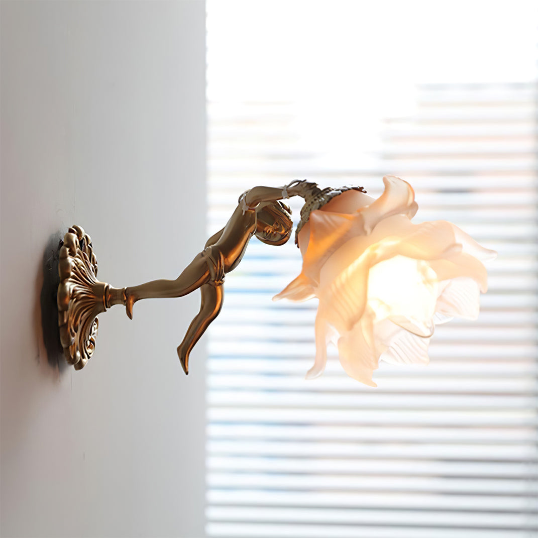 Ornate Wall Light | Sculpted Cherub Figurine Metal Sconce Fixture