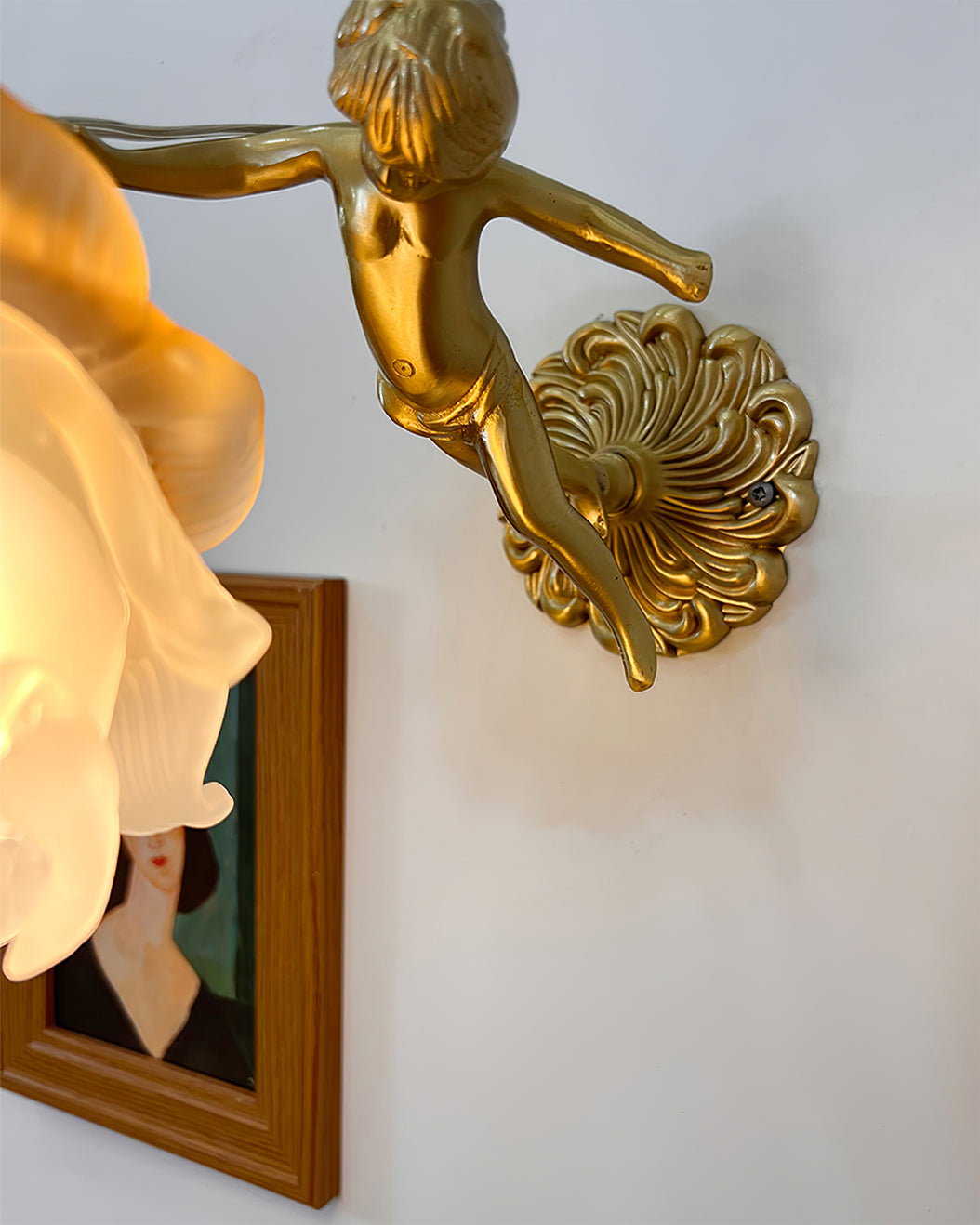 Ornate Wall Light | Sculpted Cherub Figurine Metal Sconce Fixture