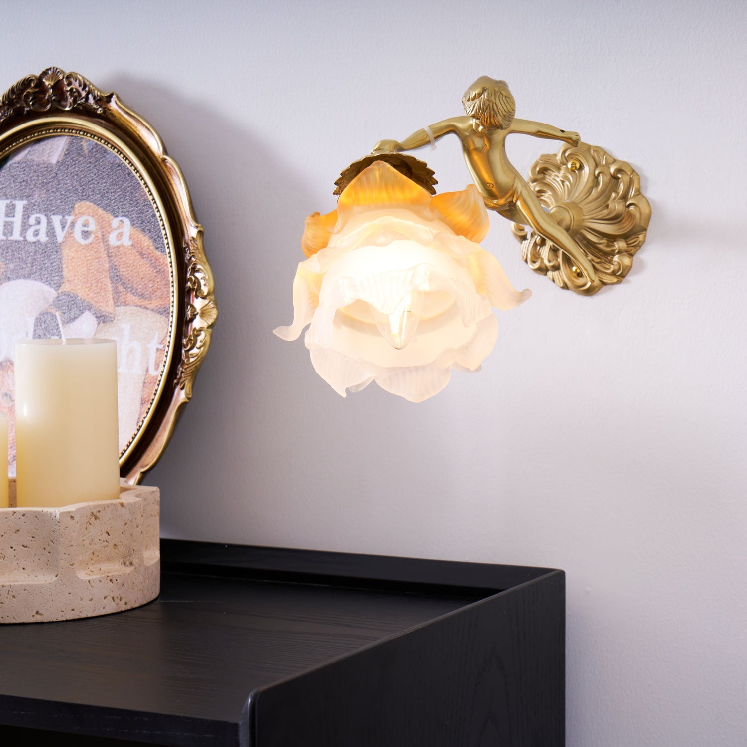 Ornate Wall Light | Sculpted Cherub Figurine Metal Sconce Fixture