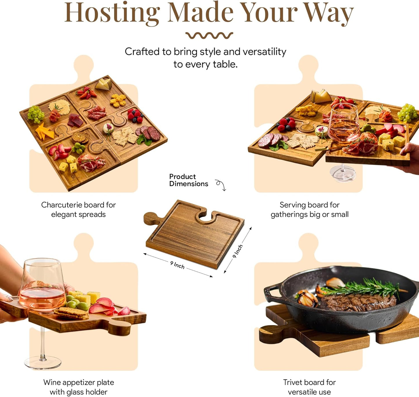 Puzzle Charcuterie Board | Wood 4 Piece Interlocking Set
