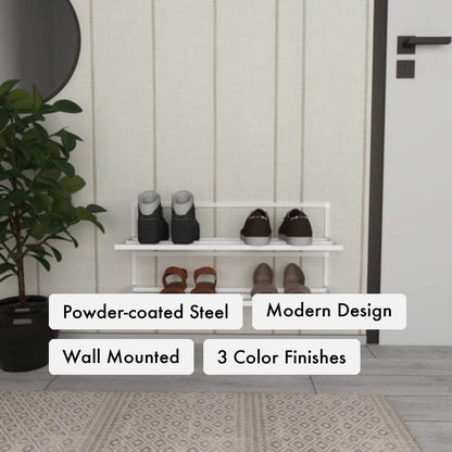 Modern Design Metal Shoe Rack key features: powder-coated steel, sleek modern design, wall-mounted, three color finishes.