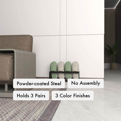 Metal Slippers and Shoe Rack key features: powder-coated steel construction, no assembly, holds 3 slipper pairs, available in three color finishes.