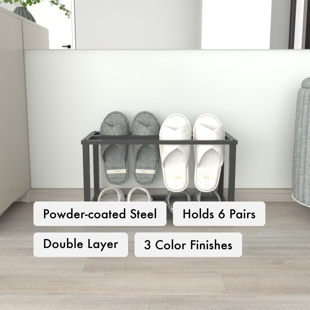 Metal Slipper Stand Double Layer key features: powder-coated steel, holds 6 slipper pairs in double-layer storage, three color finishes.