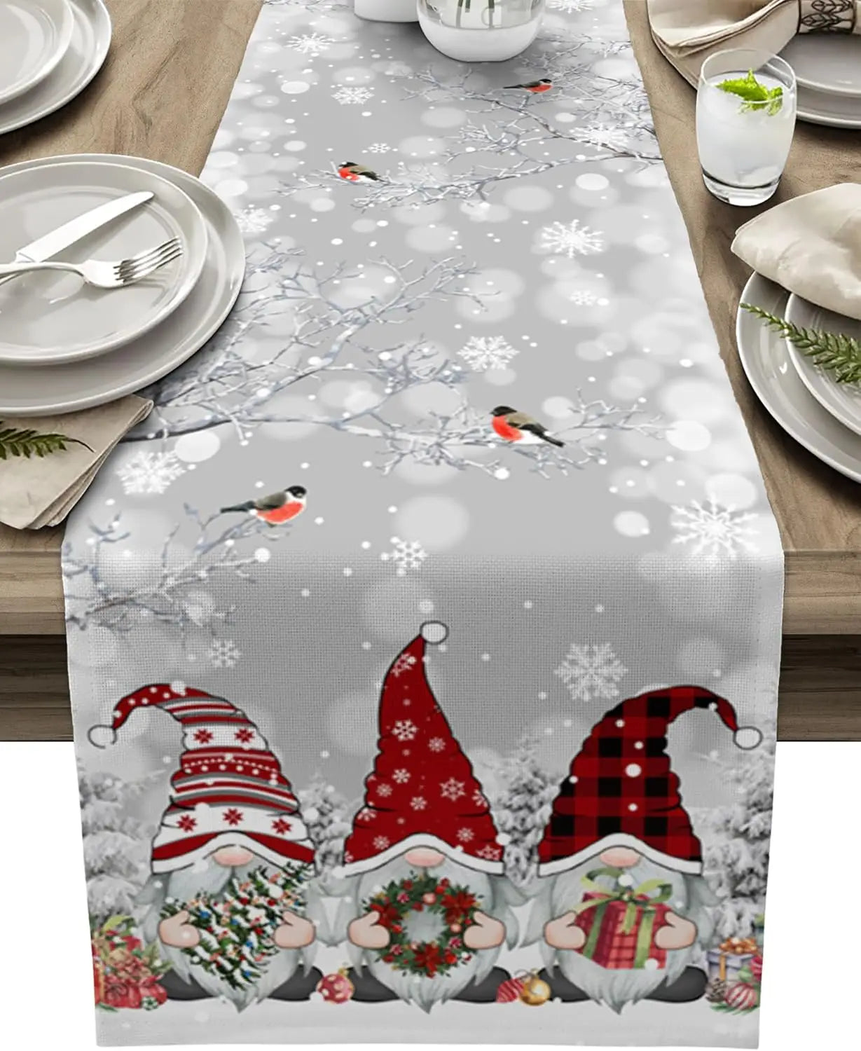 Grey Christmas Table Runner | Gnome and Snowflake Design