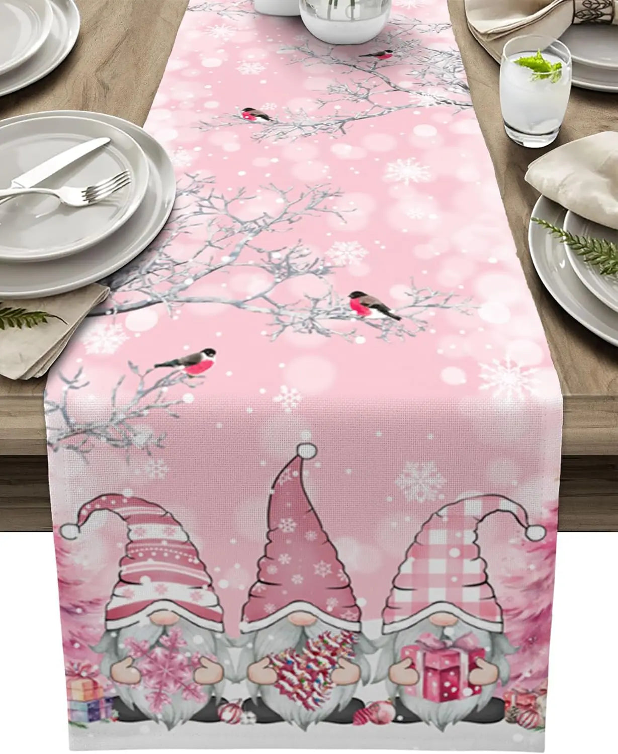 Grey Christmas Table Runner | Gnome and Snowflake Design