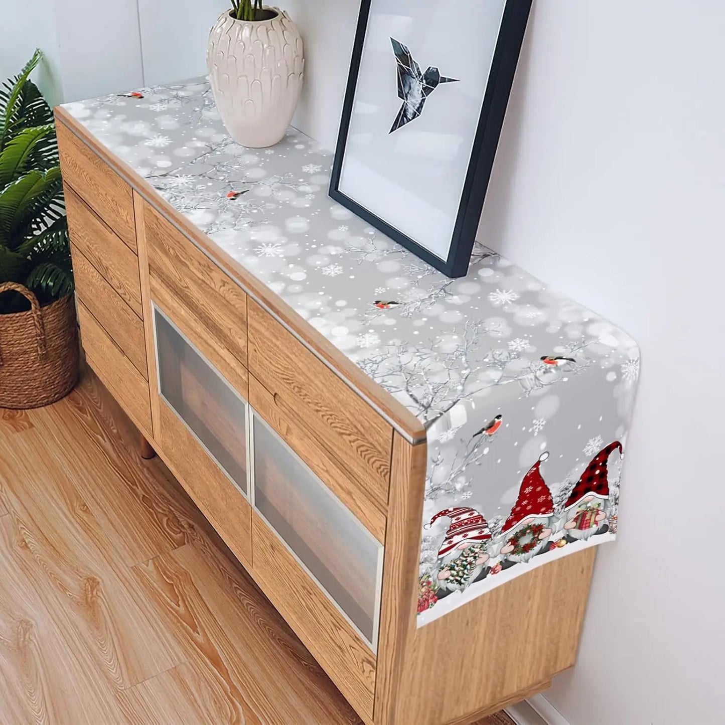 Grey Christmas Table Runner | Gnome and Snowflake Design