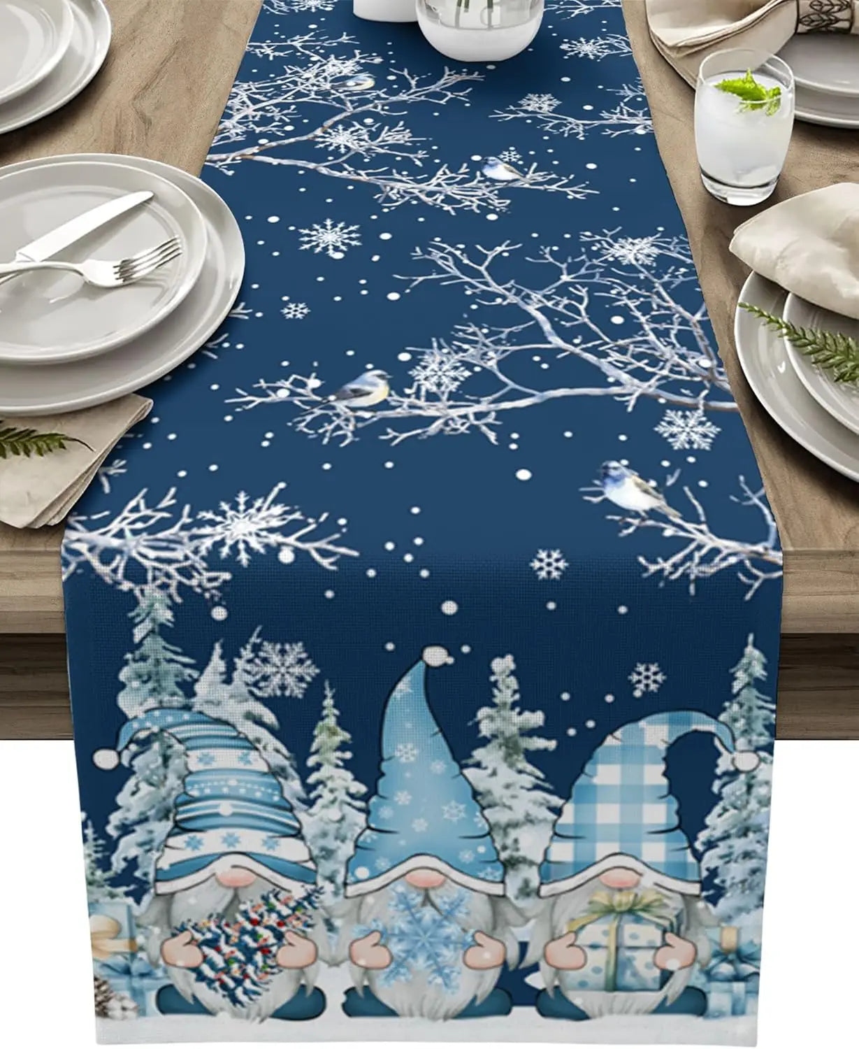 Grey Christmas Table Runner | Gnome and Snowflake Design