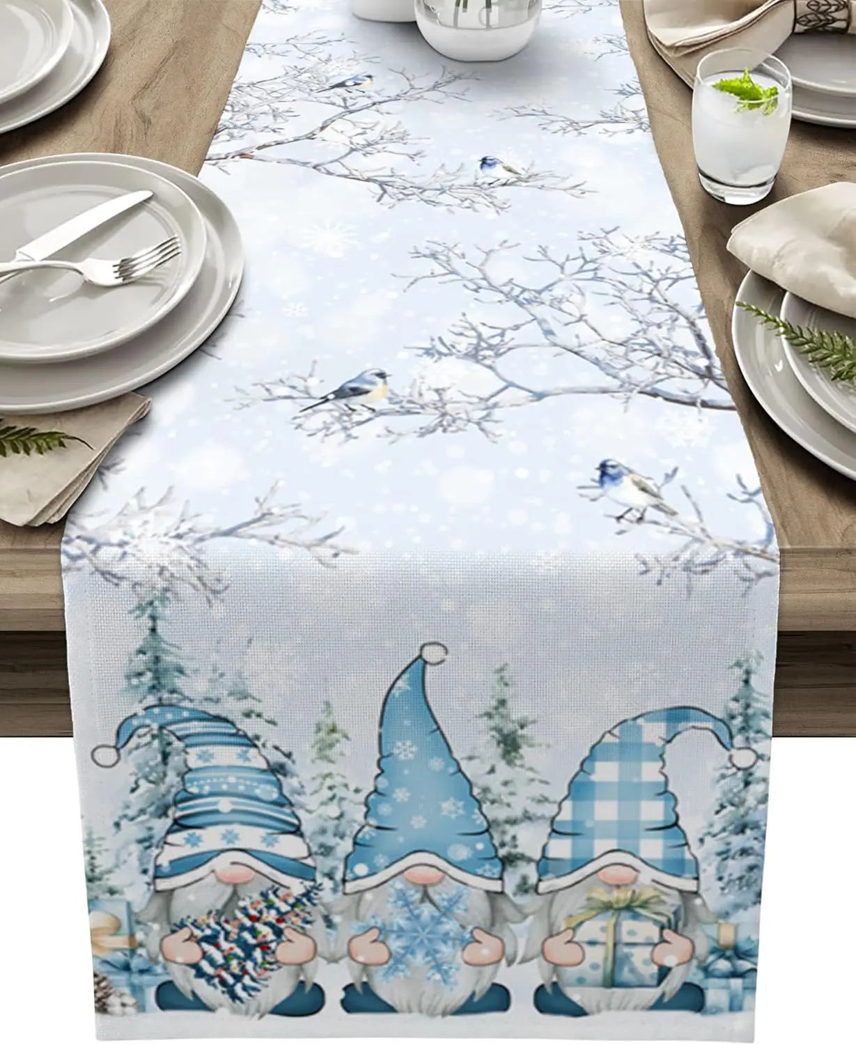 Grey Christmas Table Runner | Gnome and Snowflake Design