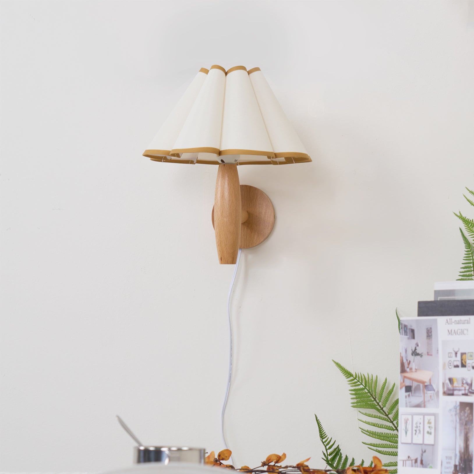 Vintage Wall Light | Pleated Shade Plug In Hanging Cord Sconce