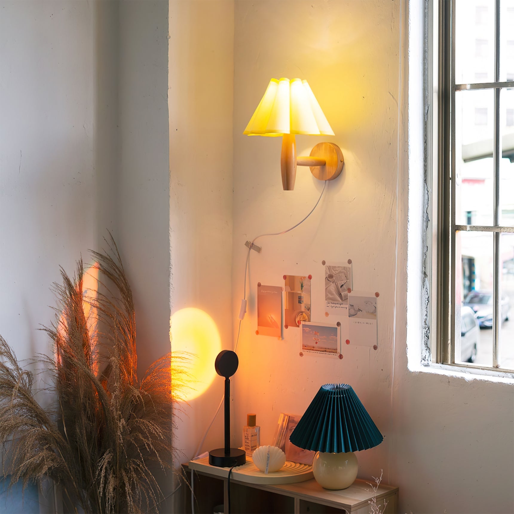 Vintage Wall Light | Pleated Shade Plug In Hanging Cord Sconce