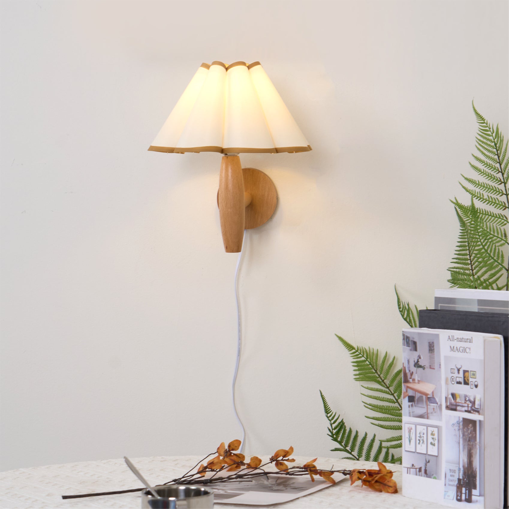 Vintage Wall Light | Pleated Shade Plug In Hanging Cord Sconce