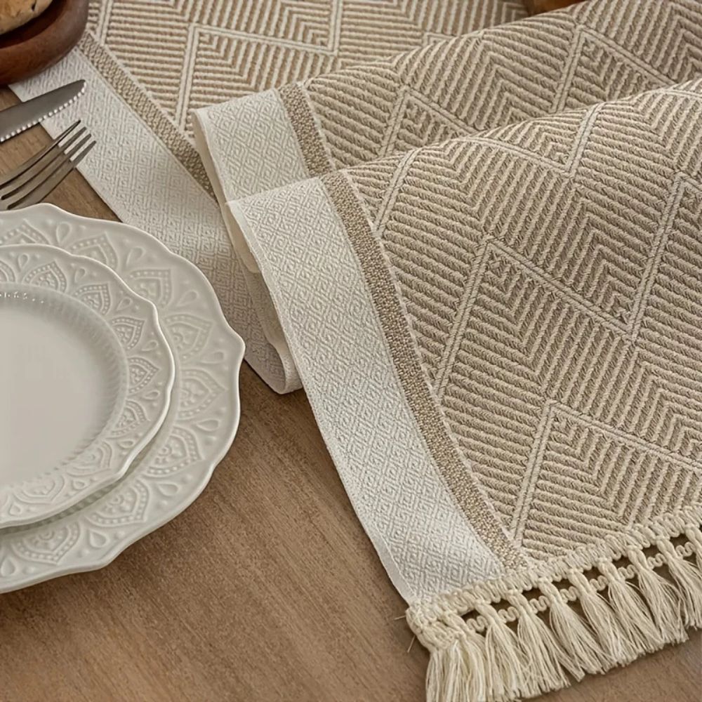Woven Table Runner | Beige Zigzag Pattern with Tassels
