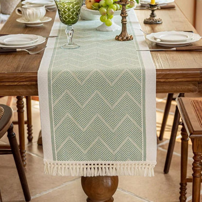 Woven Table Runner | Beige Zigzag Pattern with Tassels