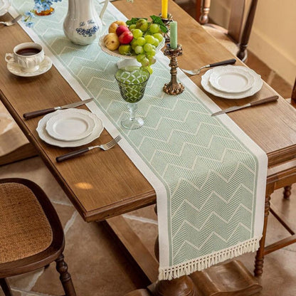 Woven Table Runner | Beige Zigzag Pattern with Tassels