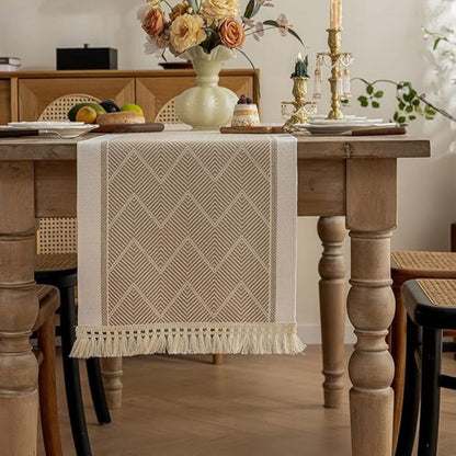 Woven Table Runner | Beige Zigzag Pattern with Tassels