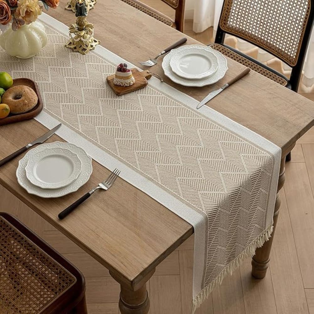Woven Table Runner | Beige Zigzag Pattern with Tassels