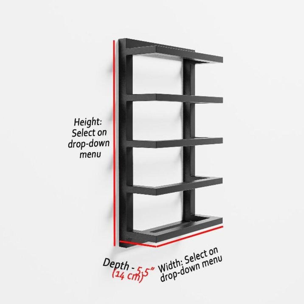 Size guide for Bath Towel Rack showing 4 available size variants up to 8 Tier-32H in, with scale references for comparison.