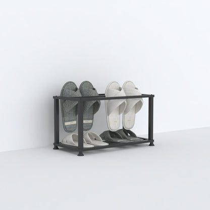 Black Metal Slipper Stand with Double Layer showing two-tier storage for six pairs of slippers in a compact entryway setup.