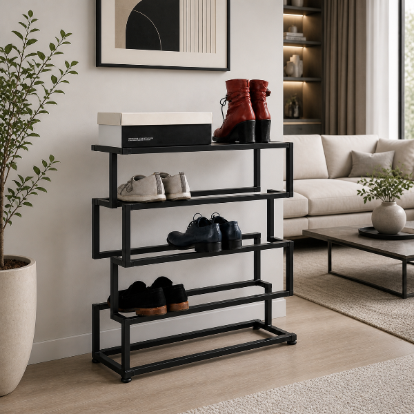 Black 4-tier metal shoe rack styled in a modern living room with shoes and decor accents by Grandmix