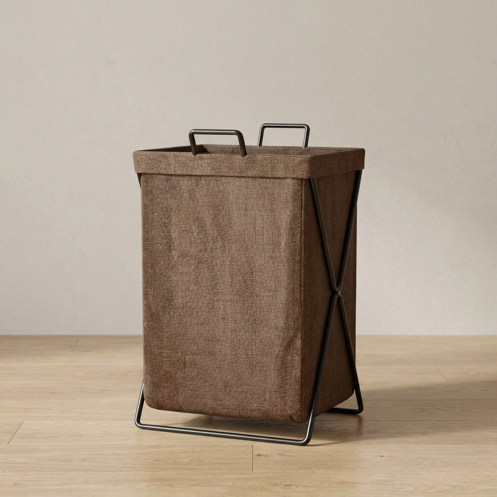 Brown fabric laundry basket with metal handles and legs on a wooden floor.