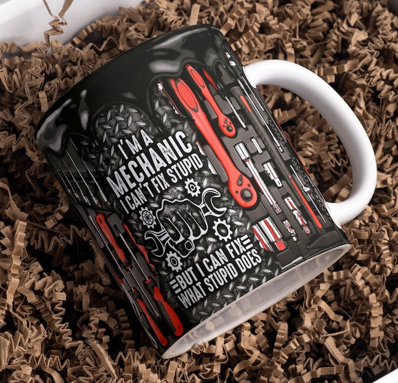 Witty Ceramic Coffee Mug | Red Tools Shop Theme Print