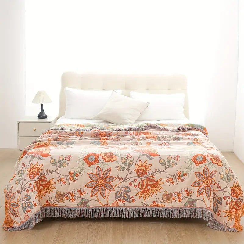 Rustic Boho Throw Blanket | Intricate Floral Woven Pattern