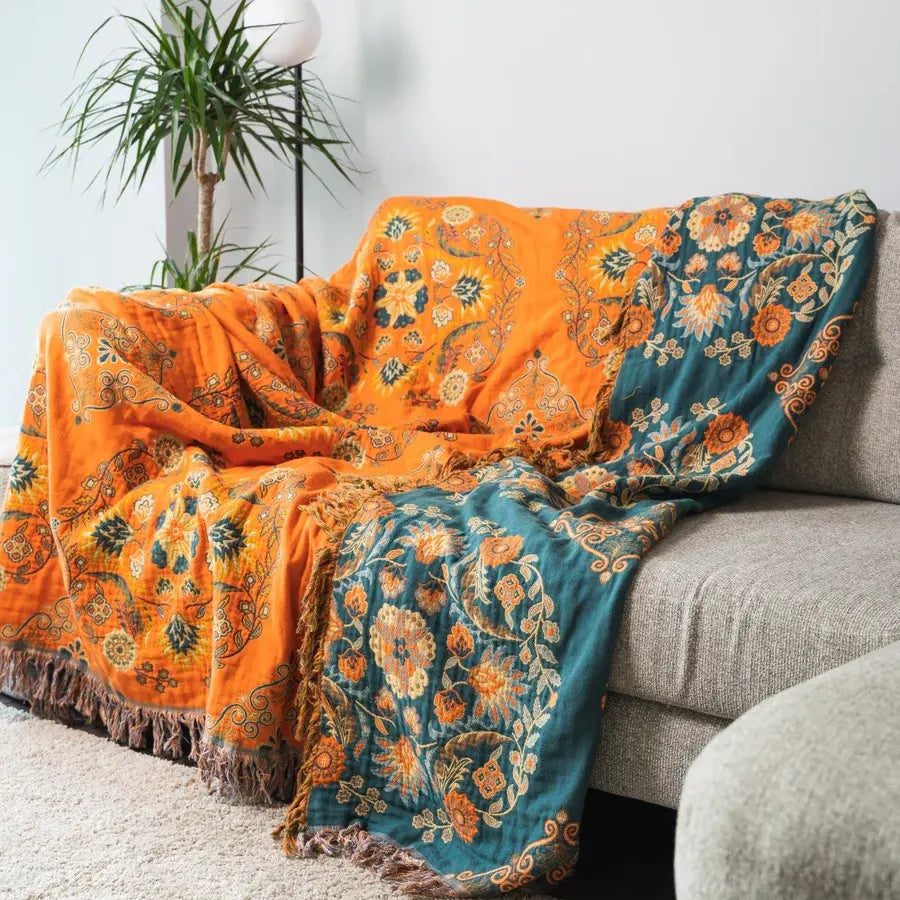 Elegant Floral Throw Blanket | Woven Fringed Edges