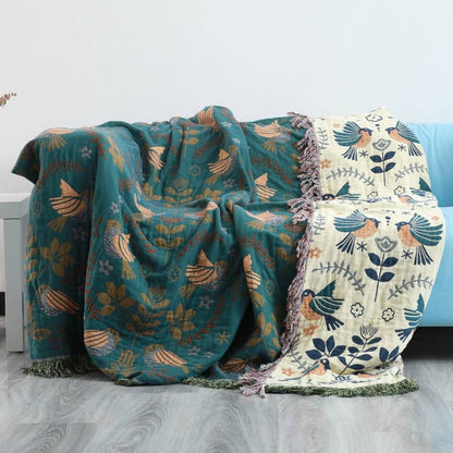 Scandinavian Bird Throw Blanket | Nature Inspired Woven Pattern