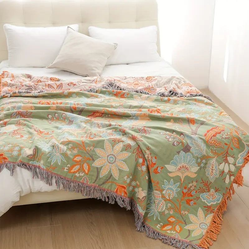 Rustic Boho Throw Blanket | Intricate Floral Woven Pattern