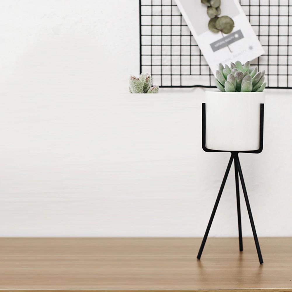 Geometric Metal Stand Ceramic Planter Set