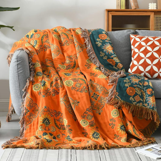Elegant Floral Throw Blanket | Woven Fringed Edges
