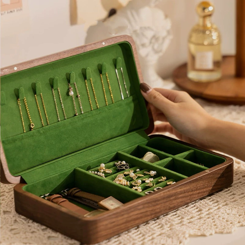 Walnut Jewelry Box with Green Velvet Lining