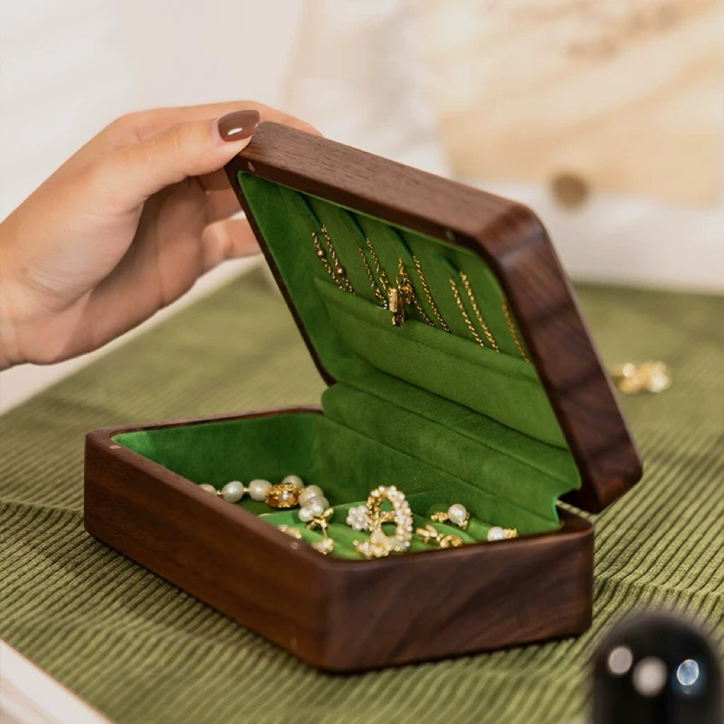 Walnut Jewelry Box with Green Velvet Lining
