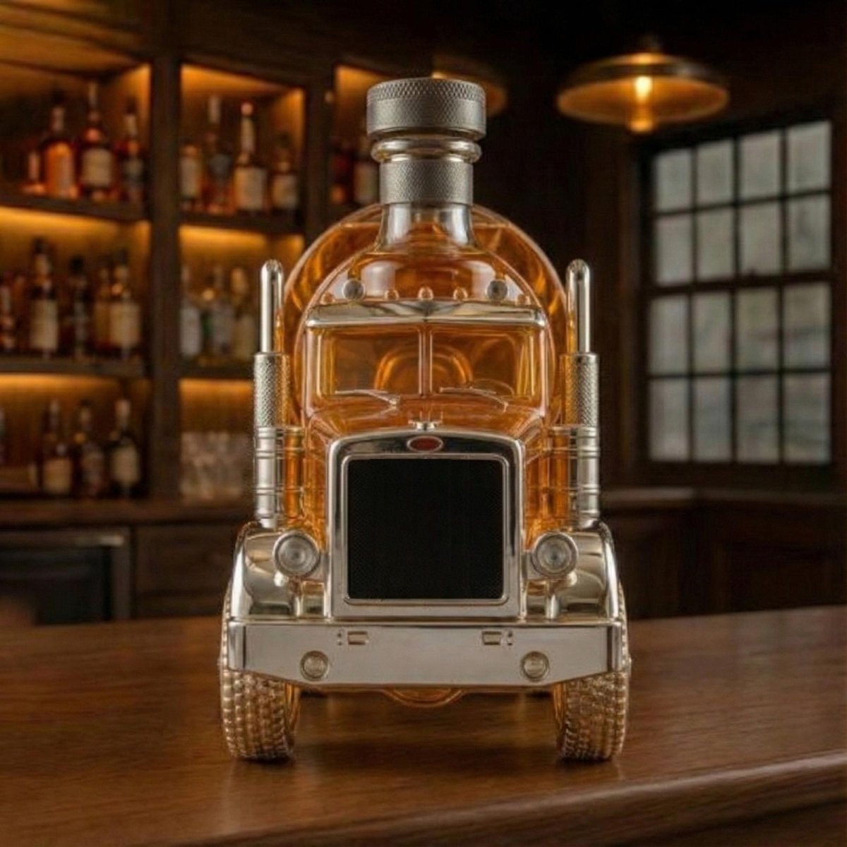 Front view of the Kouvr glass and chrome whiskey decanter truck, highlighting the detailed grille, bumper, and headlights.