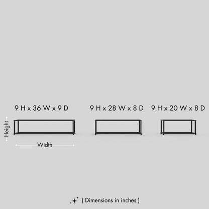Size comparison chart for the Metal Minimalist Shoe Rack showing the 20-inch (50 cm) and 36-inch (90 cm) width options at 9-inch height and 8-inch depth.