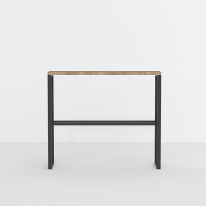 A minimalist wood and black metal rack with a rectangular shape, featuring a sleek design suitable for various uses, displayed on a plain background.