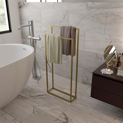 Luxurious bathroom scene featuring a modern gold free-standing towel rack holding neatly folded towels, adding elegance and functionality to a contemporary marble-tiled bathroom.