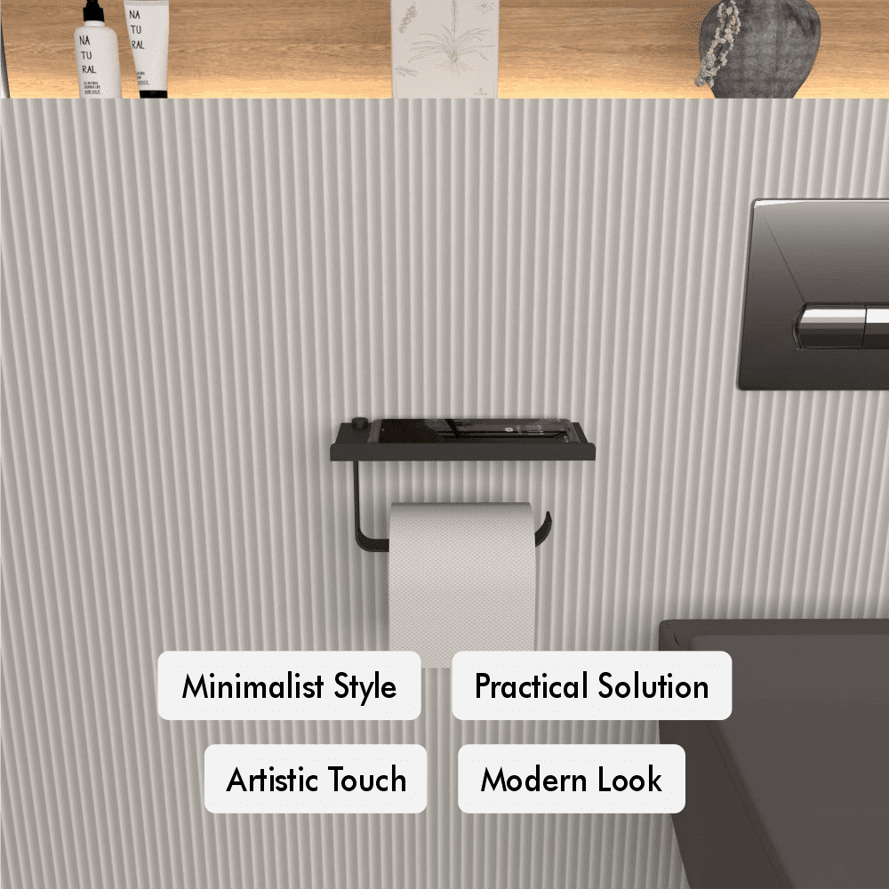 Close-up of a black wall-mounted toilet paper holder with a shelf holding a smartphone, displayed in a modern bathroom