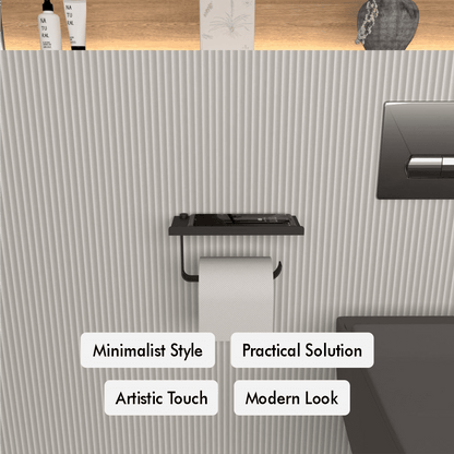 Black wall-mounted toilet paper holder with a smartphone shelf, highlighted with features like minimalist style, practical solution, artistic touch, and modern look