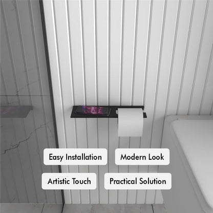 Modern wall-mounted toilet paper holder with a sleek black metal shelf, featuring space for holding a smartphone. The design adds an artistic touch to the bathroom with wall installation and a practical, space-saving.