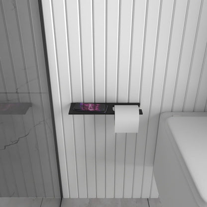 A minimalist black multifunctional bathroom shelf with a built-in toilet paper holder, showcasing a sleek and compact design.