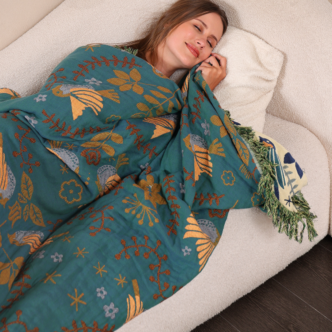 Scandinavian Bird Throw Blanket | Nature Inspired Woven Pattern