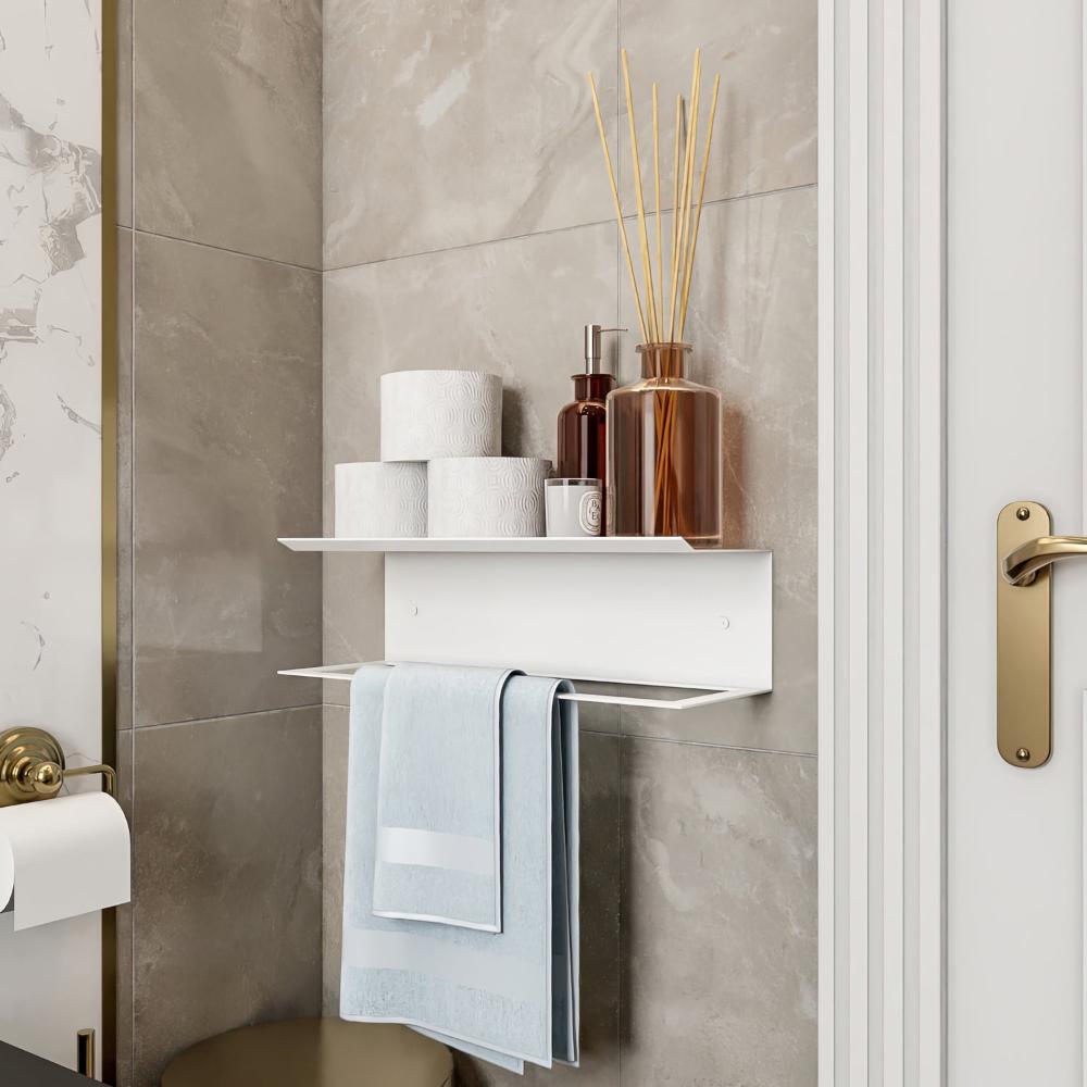 Towel Holder and Shelf mounted in a modern bathroom setting.