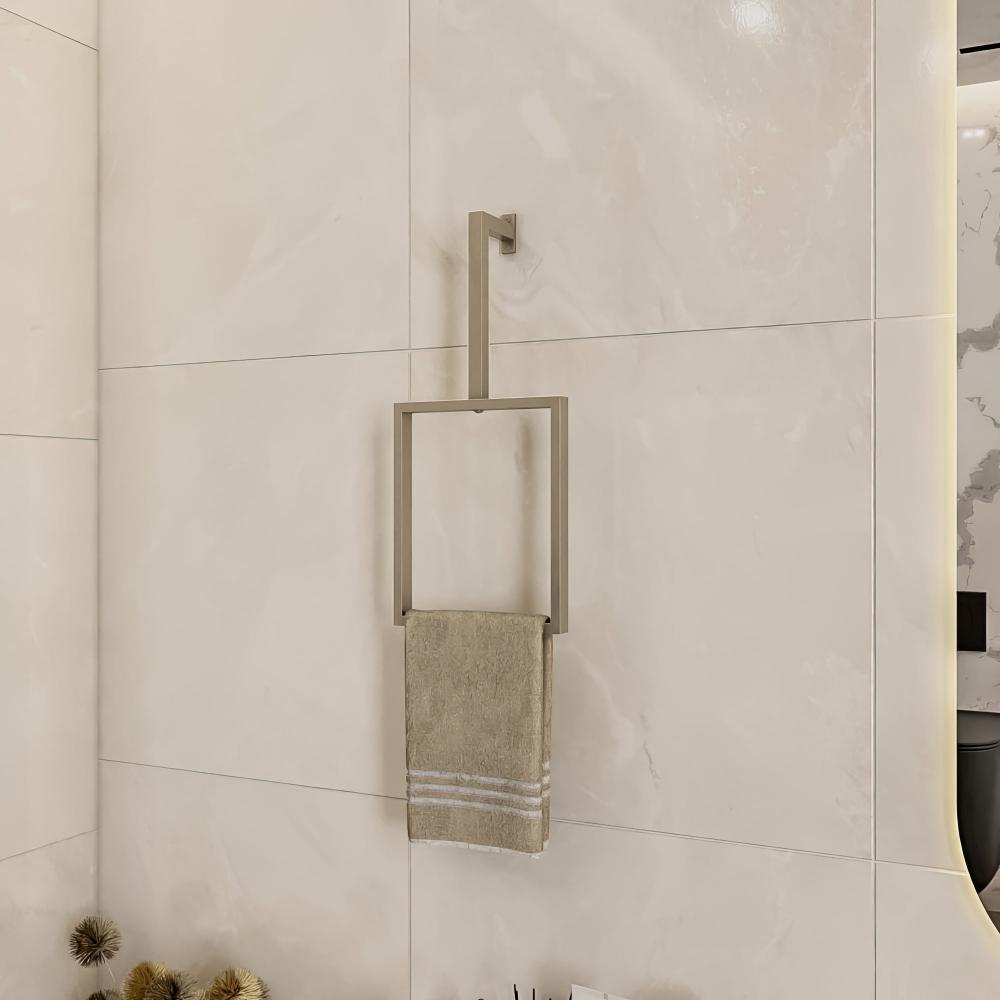 Wall-mounted Satine Nickel vertical towel rack holding a beige towel, displayed in a modern bathroom with light-colored tiles and minimalistic decor.