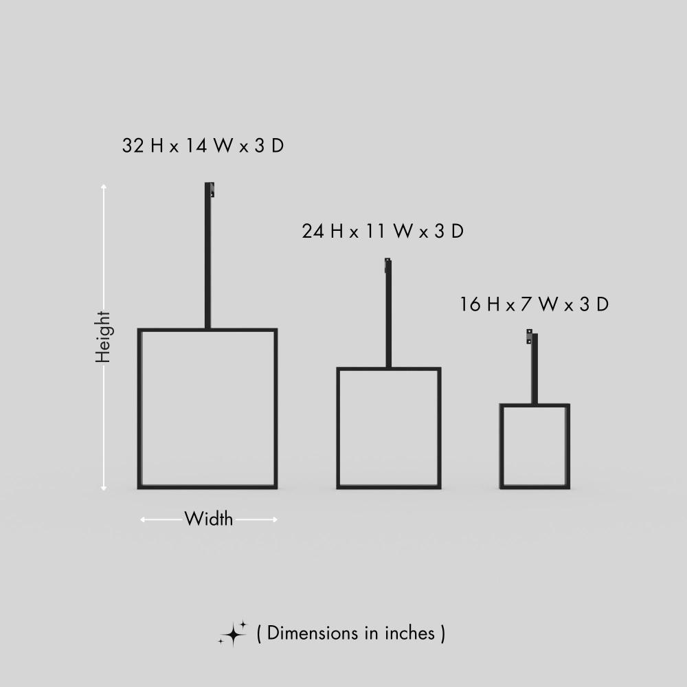 Size guide for Square Towel Ring showing 3 available size variants up to 32 x 14 x 3 in, with scale references for comparison.