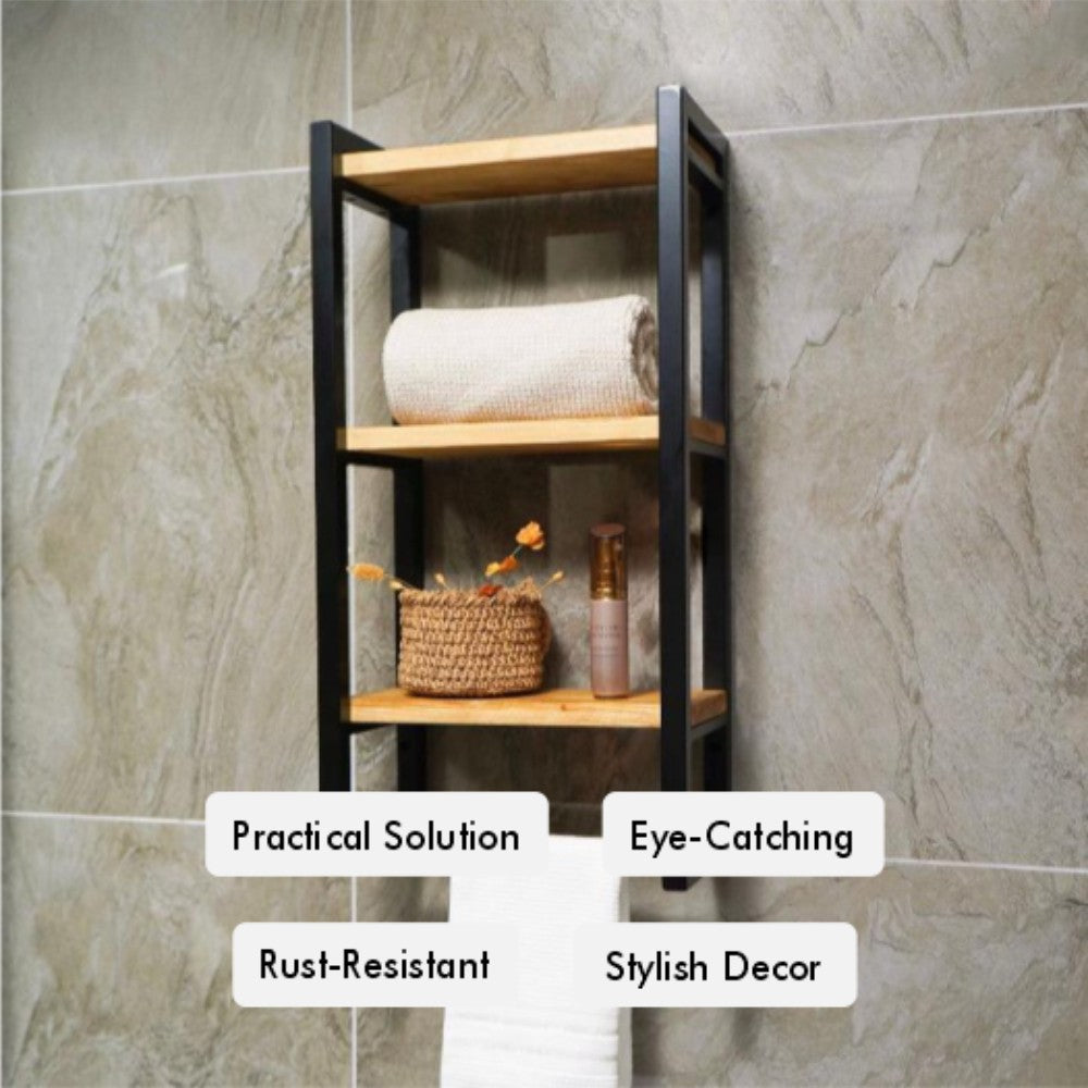 3-tier bathroom shelf and towel holder styled with towels and decorative items.