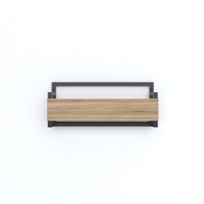 A minimalistic wall-mounted slipper rack featuring a black metal frame and a wooden front panel, captured in a straight-on view without slippers